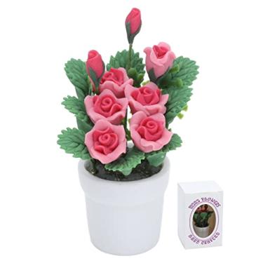 Imagem de Dollhouse Bouquets, 1:12 Pequeno Safe Harmless Miniature Bonsai Bonito e atraente formato de cesta de rosas vivas realistas para decoração de casa de bonecas para presente
