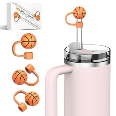 Imagem de 4 peças – Capa de canudo para acessórios Stanley Cup, cobertura de canudo serve para canudos reutilizáveis de 0,10 polegadas, capas de canudo de silicone sem BPA no tema de basquete - Beba com estilo e proteja a Terra