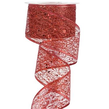 Imagem de MEEDEE Fita vermelha com glitter fita de malha de arame vermelha de Natal fita com fio 6 cm de largura fita vermelha com fio para decoração de árvore de Natal, guirlanda de fita, fabricação de laços