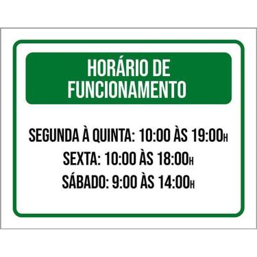 Imagem de Placa Verde Horário Funcionamento Seg Qui Sex Sab 36X46