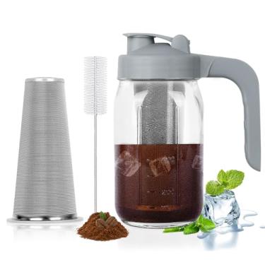 Imagem de Jarra para cafeteira Cold Brew, jarra de vidro de 947 ml com tampa de bico em forma de V, filtro de aço inoxidável para café gelado, chá gelado, leite materno, bebidas de frutas, cinza limão