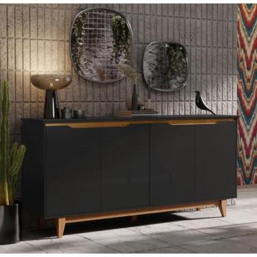 Imagem de Aparador Buffet Sala Flow 4 Portas com Pés de Madeira Preto com Freijó