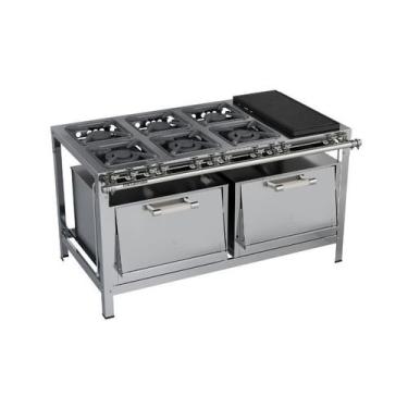 Imagem de Fogão Industrial 6 bocas 30x30 Chapa e 2 Fornos Luxo Aço Inox 304 Meta