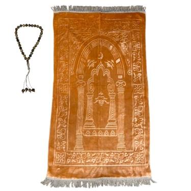 Imagem de eMart4U Tapete de oração muçulmano, material de poliéster macio de pelúcia com miçangas Tasbih/Dhikr, presente de viagem, oração islâmica, tapete portátil leve para adultos Janaamaz muçulmano 122 x 76