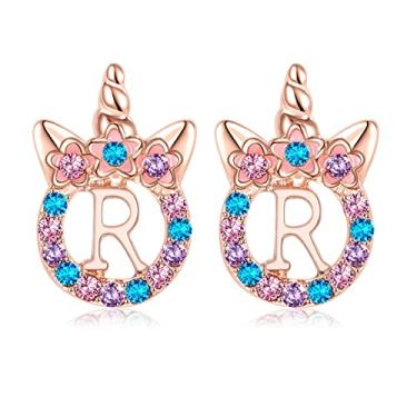Imagem de TRWWELL Lindos brincos de unicórnio, hipoalergênicos, com strass, letra inicial, para meninas, unicórnios, presentes para crianças, Zinco, Strass
