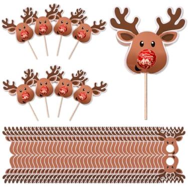 Imagem de JarThenaAMCS 60 peças de cartões de papel de pirulito de Natal, porta-doces de rena com pontos de cola, decorações de embrulho de doces de alce de Natal para lembrancinhas de festa