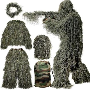 Imagem de Traje Ghillie Suit Tático 3D Camuflado com 5 Peças | Ideal para Airsoft, Paintball, Sniper, Caça, Treinamento Militar, Observação da Natureza e Ambientes Selvagens