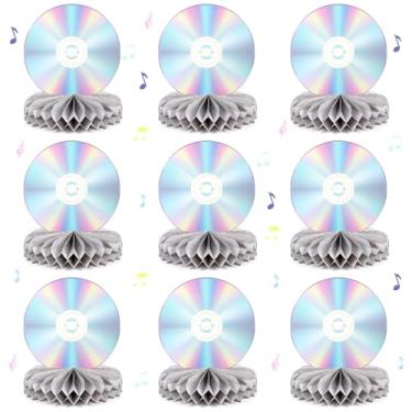 Imagem de Containlol 9 peças de decoração de festa dos anos 90, CDs, discoteca, favo de mel, centros de mesa Y2k anos 2000, enfeites de mesa iridescentes para lembrancinhas de festa de aniversário de 1990 e