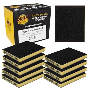 Imagem de Dura-Gold Esponjas de lixa dupla face de 80 grãos, caixa com 10 - Esponjas de lixa flexíveis flexíveis molhadas ou secas, 12 x 9,9 cm, bloco abrasivo para lixar à mão - casa, madeira, pintura