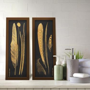 Imagem de Kit 2 Quadros Decorativos Lavabo Pena Dourado Petro Ave Moderno - Deli