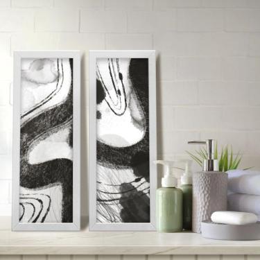 Imagem de Kit 2 Quadros Decorativos Lavabo Abstrato Moderno Preto Branco Pincela