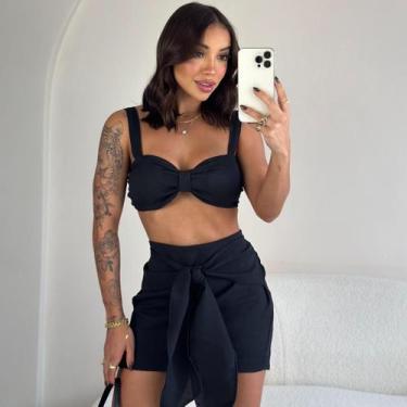 Imagem de Conjunto Feminino com Saia e Top com Amarração na Cintura em Linhão - 