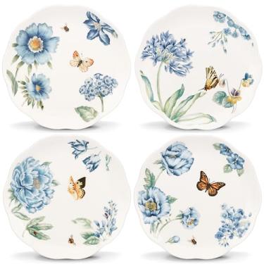 Imagem de Lenox Pratos de sobremesa azuis sortidos Butterfly Meadow, conjunto de 4, branco -