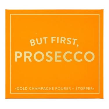 Imagem de Santa Barbara Design Studio Caixa de presente dourada champanhe rolha e despejador de papelão de aço inoxidável, 2 peças, But First Prosecco