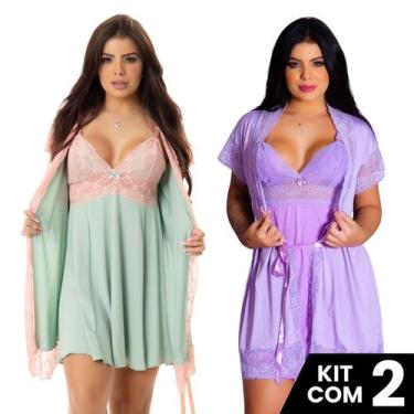 Imagem de Kit 2 Robes Roupão e 2 Camisolas Amamentação Pós Parto Liso Com Renda 