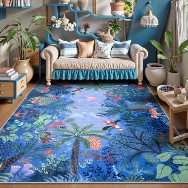 Imagem de LIVEBOX Tapete lavável com estampa de animais da selva 12,5 x 17,8 cm para sala de estar, antiderrapante para quarto de crianças, quarto de bebê, macio e resistente a manchas azul e verde para