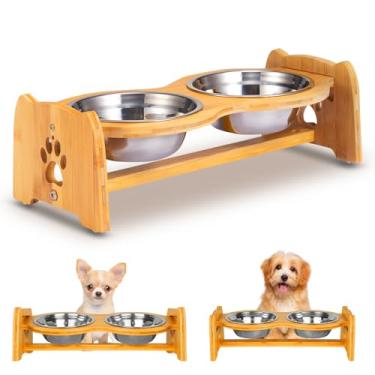 Imagem de X-ZONE PET Tigelas elevadas para cães e gatos, tigelas elevadas de bambu ajustáveis para cães pequenos, alimentador de alimentos e água com 2 tigelas de aço inoxidável e pés antiderrapantes (altura 10 a 11,4 cm)