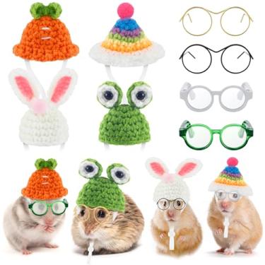 Imagem de Silkfly 8 peças de óculos redondos para fantasia de hamster, inclui 4 peças de chapéu de malha para animais pequenos com alça ajustável e 4 pares de óculos para animais pequenos, acessório de roupas