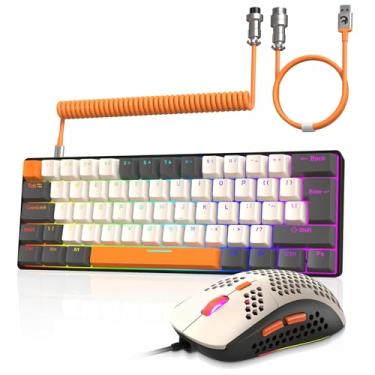 Imagem de ZIYOU LANG RK-T60 Teclado Mecânico de Jogos com Fio e Mouse Combo Portátil com Arco-íris Retroiluminado NKRO 6400DPI RGB Honeycomb Ratos Coiled Aviator C Cabo para PC/Win Gamer(Amarelo/Brown Switch