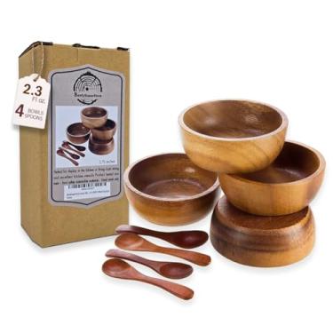 Imagem de BestySuperStore Tigela de madeira de acácia calabash minúscula de 6,5 cm de diâmetro para condimentos, molho de molho, nozes, ketchup, geleia, ervas, preparo, oliva e salsa, tigela redonda de madeira marrom 7 cm x 3,8 cm de altura - conjunto de 4 (4 colheres de madeira grátis)