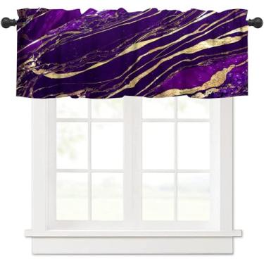 Imagem de Cortinas de mármore para janela, arte moderna abstrata roxa e dourada patchwork com bolso para varão, saia de cozinha, cortinas curtas, painel de janelas, cortinas de tratamento para banheiro, quarto,