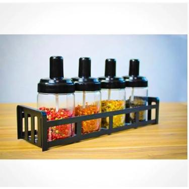 Imagem de Porta Temperos Condimentos Com Colher Tampa Prateleira Cozinha Suporte Mesa E Parede