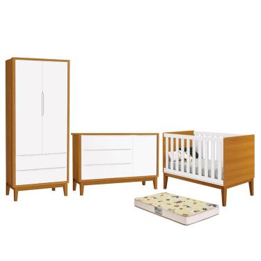 Imagem de Dormitório Infantil Classic 2 Portas, Cômoda 1 Porta, Berço com Pés Amadeirado e Colchão D18 - Reller Móveis Branco/Savana