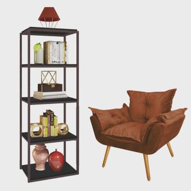 Imagem de Kit Poltrona Fatte com Estante Livreiro Ferro Marrom mdf Preto Suede Terracota - Ahazzo Móveis