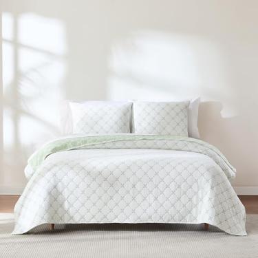 Imagem de Lush Decor Conjunto de 3 peças de colcha de matelassa reversível jacquard de folha de diamante, sálvia queen - conjunto de cama verde - colcha de folhas - decoração de casa de campo
