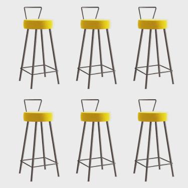Imagem de Kit 06 Banqueta Alta Com Encosto Tais Eiffel Cozinha Bar Bistrô Ferro Marrom Corino Amarelo - Ahz Móveis