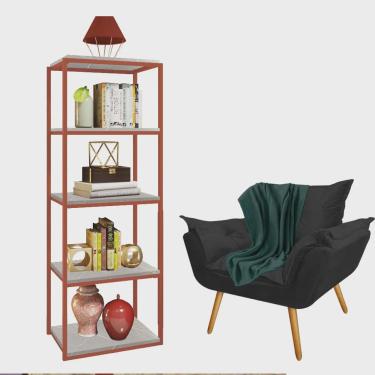 Imagem de Kit Poltrona Fatte com Manta Soft Verde e Estante Livreiro Ferro Bronze mdf Marmorizado Cinza Suede Preto - Ahz Móveis