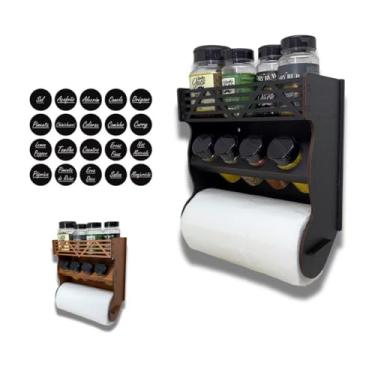 Imagem de Porta Temperos e Condimentos para Parede, 8 Potes com Tampa Flip Top, Suporte para Papel Toalha, 36 x 25 cm, Preto