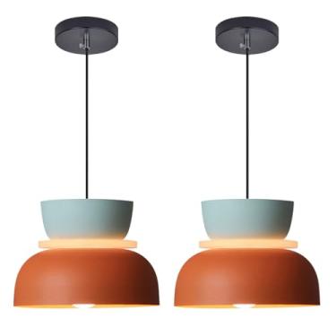 Imagem de Qufute Luminária pendente de ilha de cozinha com 2 luzes, luminária pendente nórdica grande de meados do século moderno com sombra colorida de alumínio, luzes suspensas, altura ajustável