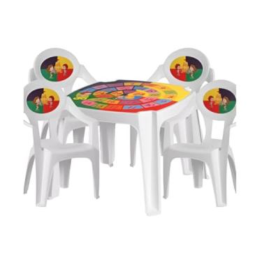 Imagem de Mesa Infantil com 4 Cadeiras, Conjunto Plástico Rosa com Tema de Fadas, para Crianças (Branco Jogos)