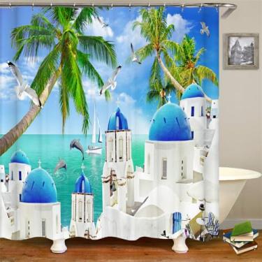 Imagem de Cenário litorâneo Praia Banheiro Cortina de chuveiro Decoração para casa Cortina Anti-mofo Cortinas de chuveiro à prova d'água com gancho, DM4077, L210 x A180 cm
