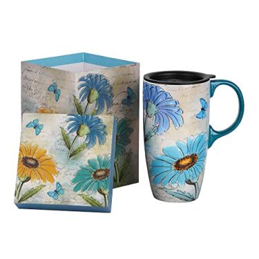Imagem de Voltogar Caneca de cerâmica para viagem xícara de café com tampa e alça para casa e escritório, xícara de chá alta de porcelana de 500 ml com caixa colorida, margarida