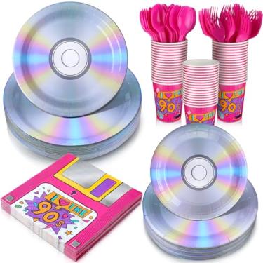 Imagem de Yungyan Conjunto de 252 peças retrô de pratos e guardanapos dos anos 90 I Love the 90's Party Decorações descartáveis de volta aos anos 90 guardanapos de papel pratos, copos, facas, colheres, garfos