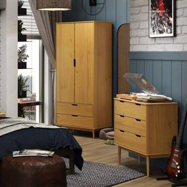 Imagem de Conjunto Quarto com Armário 2 Portas 2 Gavetas e Cômoda 3 Gavetas Nórdica Yescasa Roble