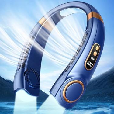 Imagem de Fangtueh Ventilador de pescoço com luz de LED, ar-condicionado com placas de resfriamento, 5 velocidades de sopro de ar frio ajustável, bateria portátil de 4000 mAh, ventilador pessoal recarregável