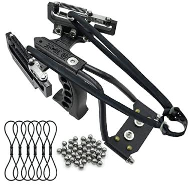 Imagem de HANDBAIGE HBG estilingue profissional com 6 elásticos de borracha de substituição e 50 bolas de munição estilingue composto para adultos caça ao ar livre (preto)