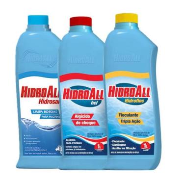 Imagem de Kit Limpeza Para Piscinas Com Limpa Bordas Algicida Choque E Clarifica