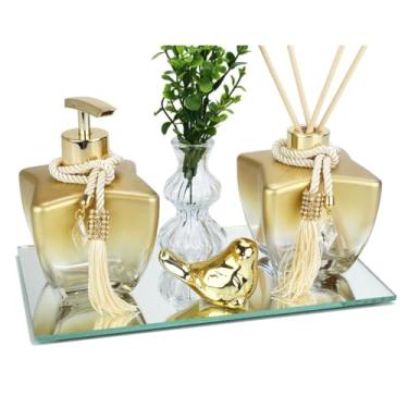 Imagem de Kit Banheiro Lavabo Frascos de Vidro Estrela 280ml Decoração Super Luxo C/Bandeja London (Degrade Dourado Pássarinho)