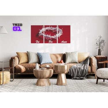 Imagem de Trio de Quadros Decorativos Coroa de Espinhos, Foi Por Amor, Vermelho e Branco, Arte de Parede Religiosa