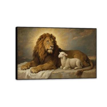 Imagem de Decoração de parede Jesus para sala de oração arte de parede cristã impressões de parede em tela de leão e cordeiro Imagem para oração de serenidade decoração de casa 90 x 60 cm (36 x 24 pol) moldura