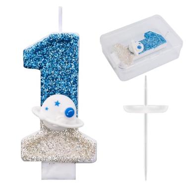 Imagem de Vela de aniversário com tema espacial, vela com número de astronauta, nave espacial, topo de bolo, universo, perfeito, foguete, nave espacial, decorações de bolo e lembrancinhas de festa (número 1)
