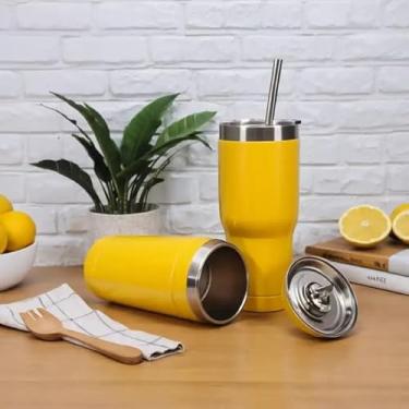 Imagem de Copo Térmico Parede Dupla em Aço Inox Amarela 1000ml com Canudo - Estilo Liso