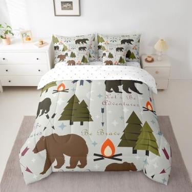 Imagem de Feelyou Jogo de cama queen com urso, cabana, acampamento, caça, acampamento, acampamento, selvagem, 7 peças, para meninos e meninas, crianças, conjunto de cama