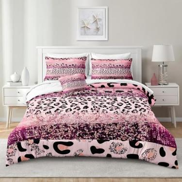 Imagem de Jogo de cama queen com estampa de leopardo rosa 3D, design de pele de animal selvagem brilhante, 200 g, enchimento com 4 fronhas, lençol de cima e elástico
