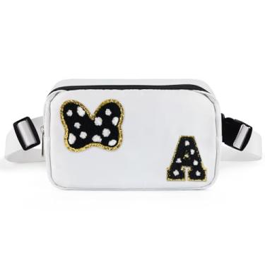 Imagem de Pochete com laço com letra inicial de chenille, bolsa tiracolo impermeável para parque, presentes de aniversário de Natal para adolescentes, meninas, mulheres, crianças, adultos, bolsa de cinto fofa