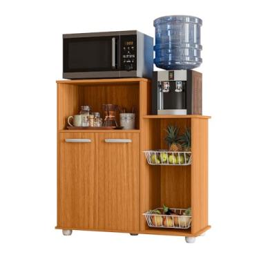 Imagem de Armário Balcão Multiuso de Cozinha com Fruteira Nicho para Micro-ondas e Espaço para Galão de Água – 2 Portas Compacto Organizadores Cor Freijó